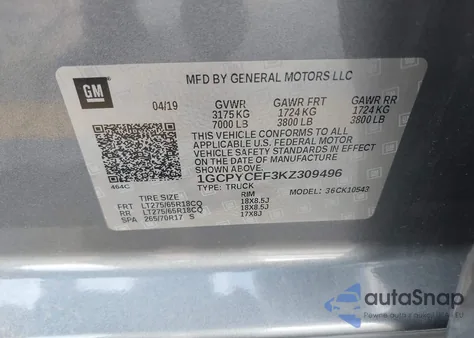 2019 Chevrolet Silverado 1500 Custom Trail Boss from USA, damaged, VIN 1GCPYCEF3KZ309496